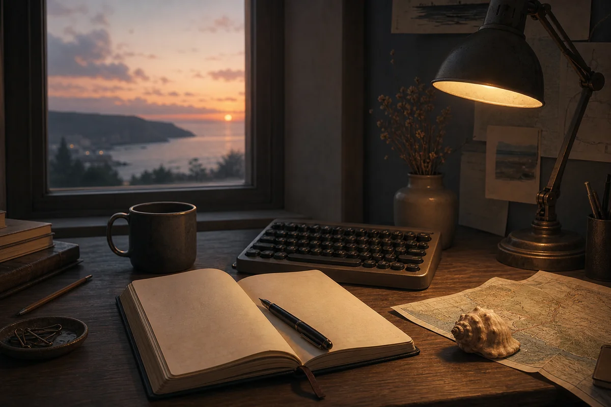 Editorial desk at dusk with a notebook, keyboard, lamp, shell, and folded map.