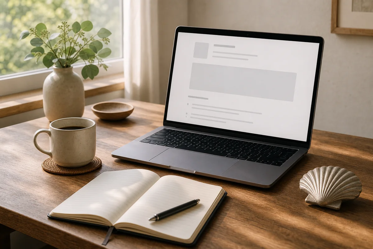 A bright desk scene with a laptop, notebook, coffee, and shell.