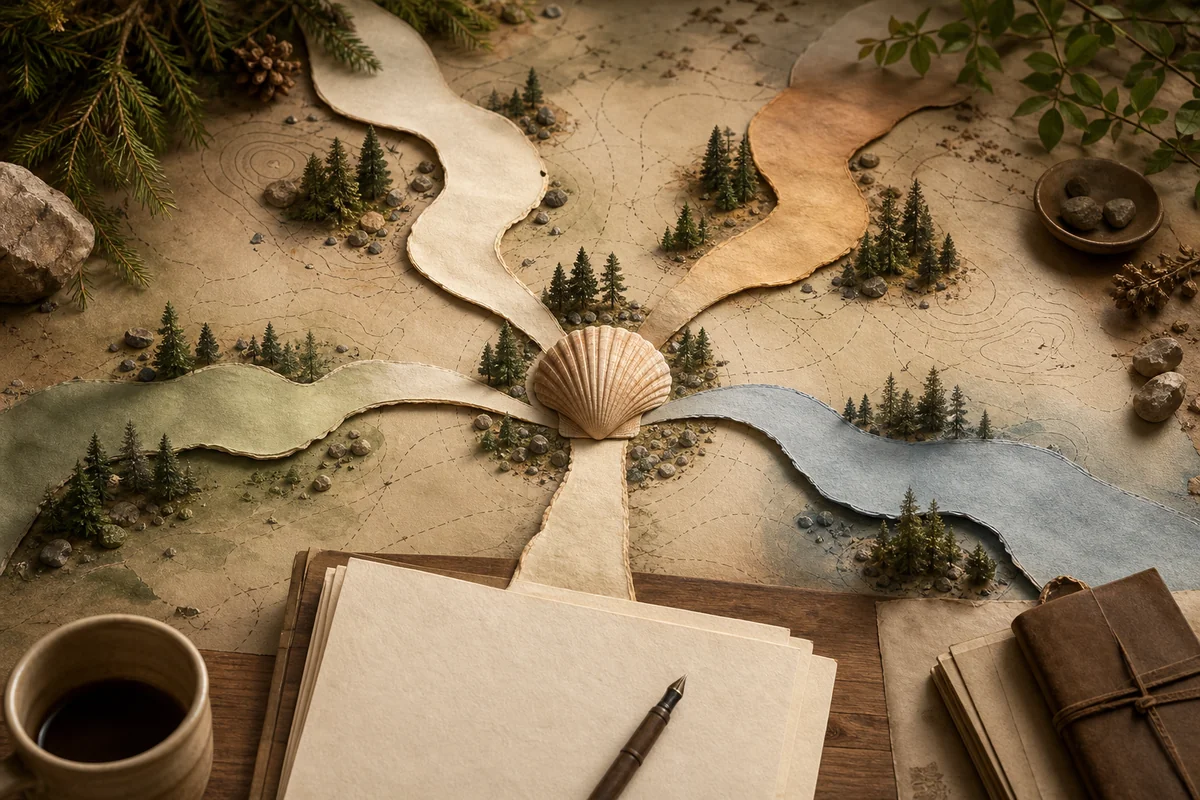 A map-like scene with four paper paths branching from one shell at the center.