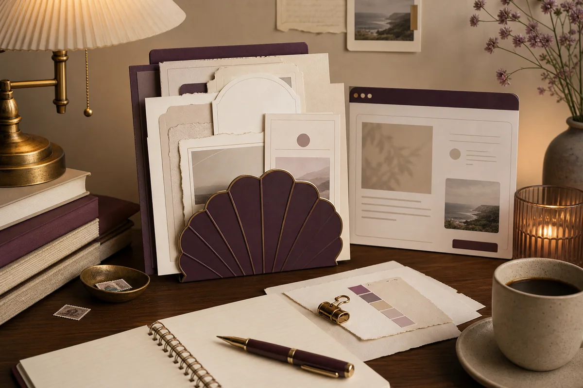 A calm writer’s desk with layered paper template cards and a shell-shaped folder tab.